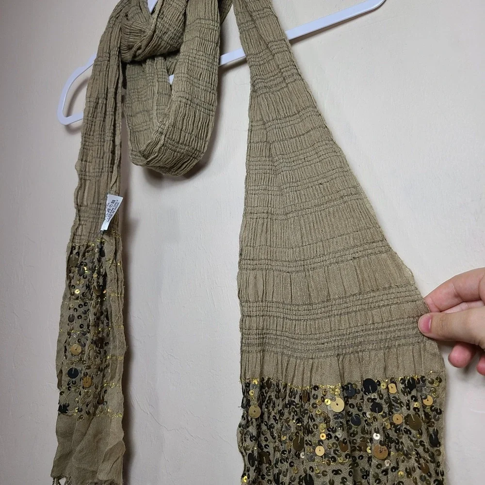 JIGSAW Stone Brown Wool Blend Scarf Fringe Sequins Gypsy Festival Global Artisan